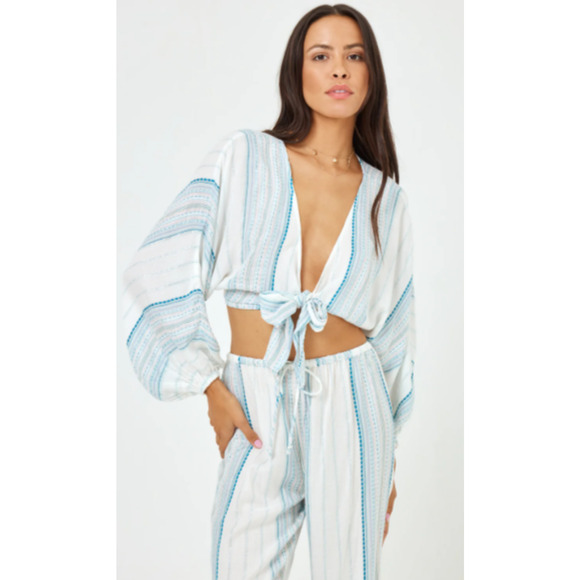 LSPACE White/Blue Tie-Front Balloon Sleeve Crop Top Boho Size Small 2-8 NEW - Picture 1 of 8